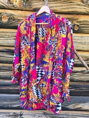 Take Away 80's Gauzy Cotton Art Rainbow Multicolor Abstract Print Oversize TOP M
